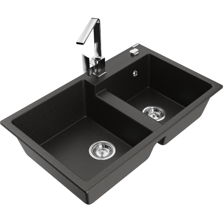 Mexen Tomas 2-compartment granite sink with Rita kitchen faucet, black/gold metallic - 6516-75-670300-00