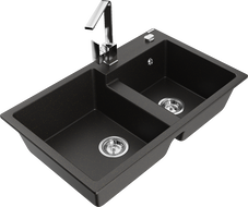 Mexen Tomas 2-bowl granite sink with Rita kitchen faucet, black/gold metallic - 6516-75-670300-00