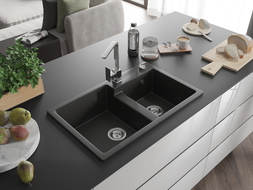 Mexen Tomas 2-bowl granite sink with Rita kitchen faucet, black/gold metallic - 6516-75-670300-00