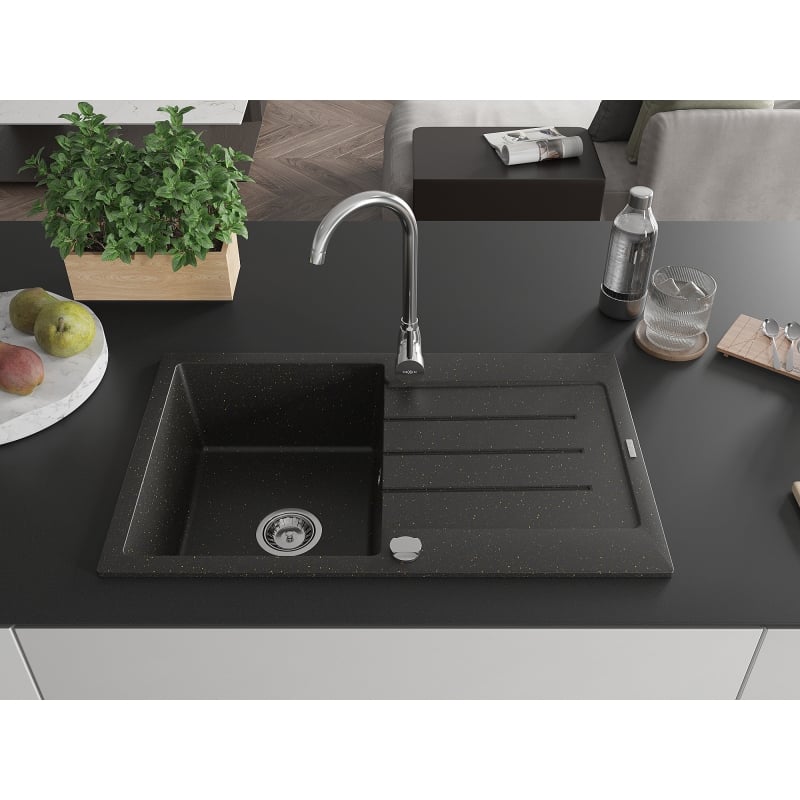 Mexen Bruno Telma 1-Bowl Granite Sink with Drainer and Kitchen Faucet, Black/Gold - 6513-75-670200-00