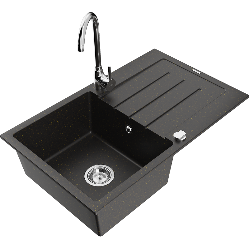 Mexen Bruno 1-compartment granite sink with a drip tray and kitchen mixer tap Telma, Black/Gold - 6513-75-670200-00