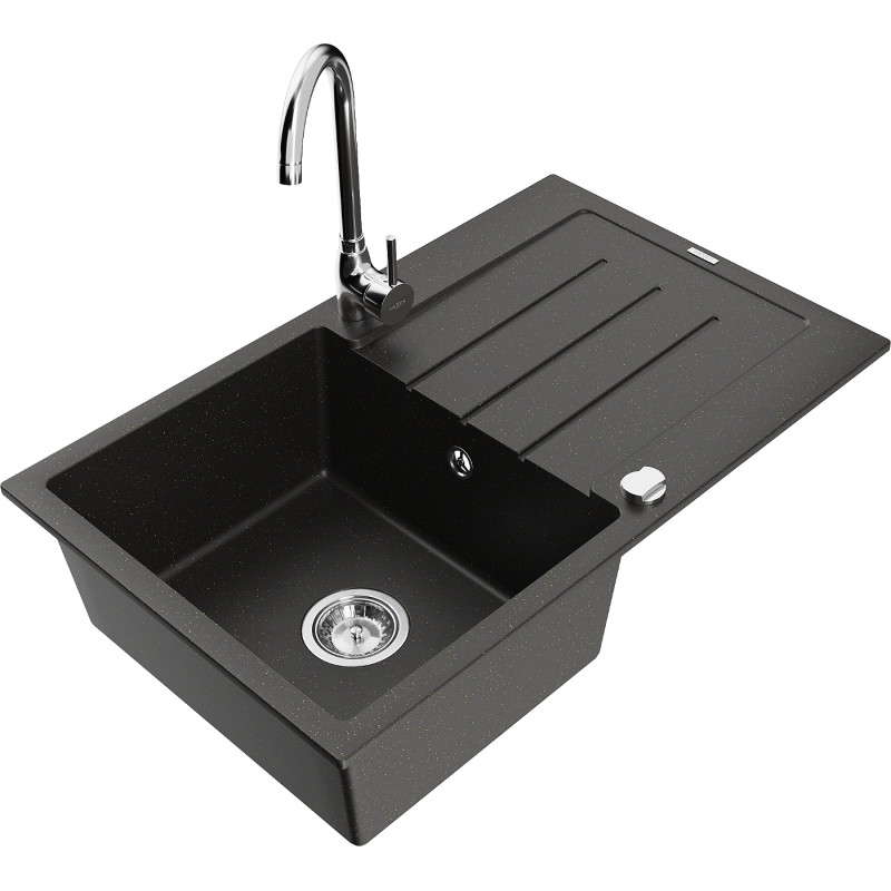Mexen Bruno granite kitchen sink with 1 bowl, drainer, and Telma kitchen faucet, black/gold - 6513-75-670200-00