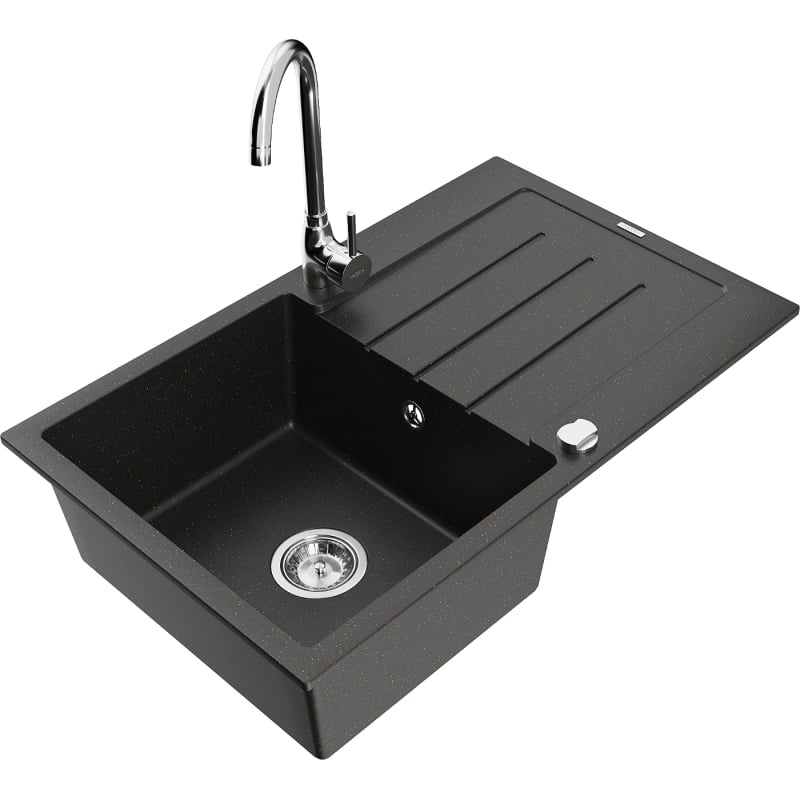 Mexen Bruno Telma 1-Bowl Granite Sink with Drainer and Kitchen Faucet, Black/Gold - 6513-75-670200-00