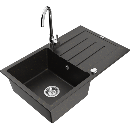 Mexen Bruno granite kitchen sink with 1 bowl, drainer, and Telma kitchen faucet, black/gold - 6513-75-670200-00