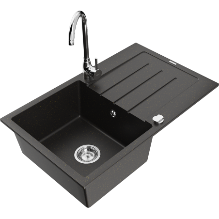 Mexen Bruno Telma 1-Bowl Granite Sink with Drainer and Kitchen Faucet, Black/Gold - 6513-75-670200-00