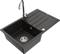 Mexen Bruno granite sink 1-bowl with drainer and Telma kitchen tap, black/gold - 6513-75-670200-00