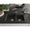 Mexen Tomas granite sink 2-bowl with Rita kitchen tap, black/gold metallic - 6516-75-670300-50