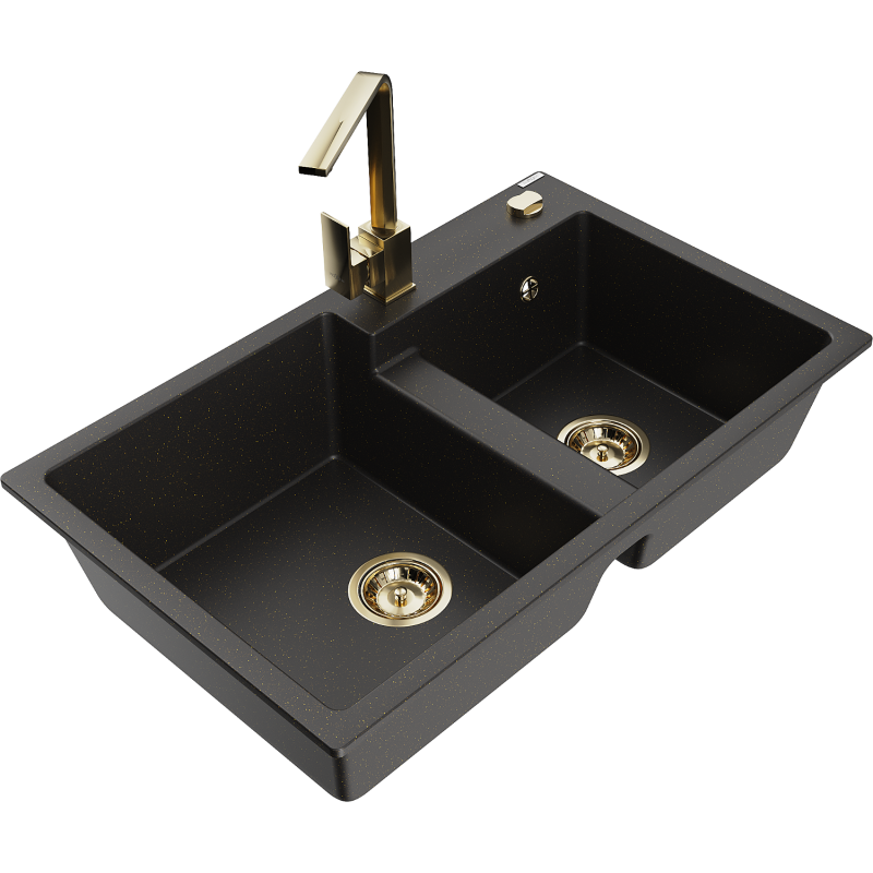 Mexen Tomas 2-compartment granite sink with a kitchen mixer tap Rita, Black/Gold metallic - 6516-75-670300-50
