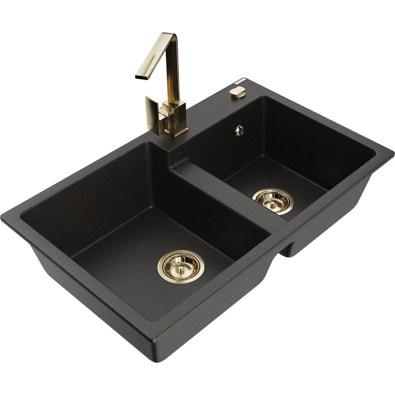 Mexen Tomas granite 2-bowl sink with Rita kitchen faucet, black/gold metallic - 6516-75-670300-50