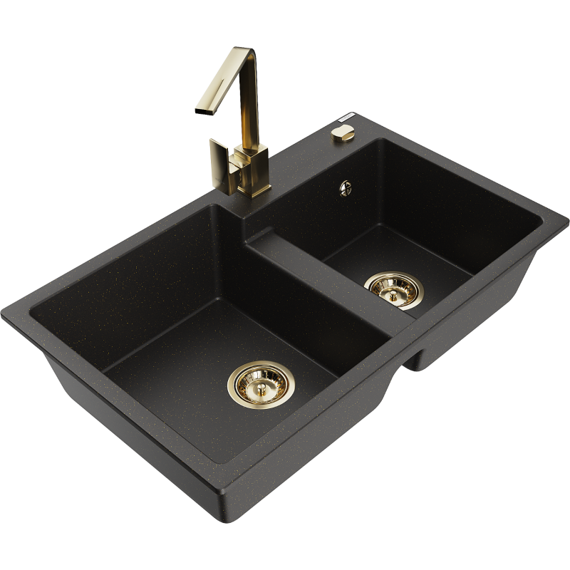 Mexen Tomas granite sink 2-bowl with Rita kitchen tap, black/gold metallic - 6516-75-670300-50