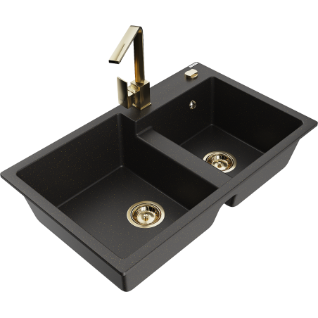 Mexen Tomas granite 2-bowl sink with Rita kitchen faucet, black/gold metallic - 6516-75-670300-50