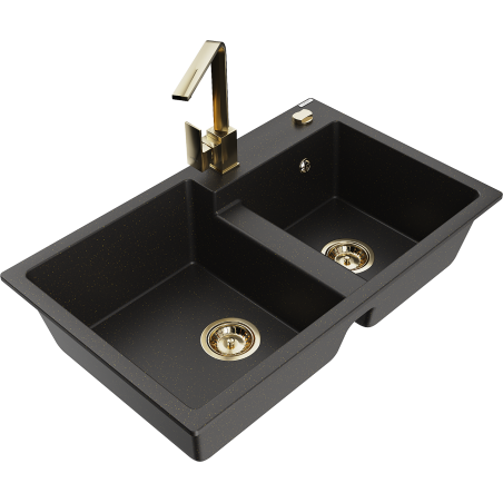 Mexen Tomas granite sink 2-bowl with Rita kitchen tap, black/gold metallic - 6516-75-670300-50
