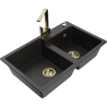 Mexen Tomas granite 2-bowl sink with Rita kitchen faucet, black/gold metallic - 6516-75-670300-50
