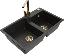 Mexen Tomas 2-chamber granite sink with Rita kitchen faucet, black/gold metallic - 6516-75-670300-50