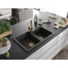 Mexen Tomas granite sink 2-bowl with Rita kitchen tap, black/gold metallic - 6516-75-670300-50