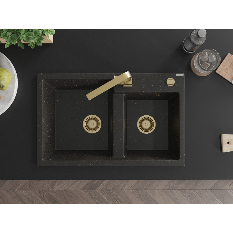 Mexen Tomas granite 2-bowl sink with Rita kitchen faucet, black/gold metallic - 6516-75-670300-50