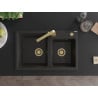 Mexen Tomas granite sink 2-bowl with Rita kitchen tap, black/gold metallic - 6516-75-670300-50