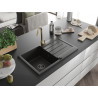 Mexen Bruno granite kitchen sink 1-bowl with drainer and kitchen faucet Telma, black/gold - 6513-75-670200-50-B
