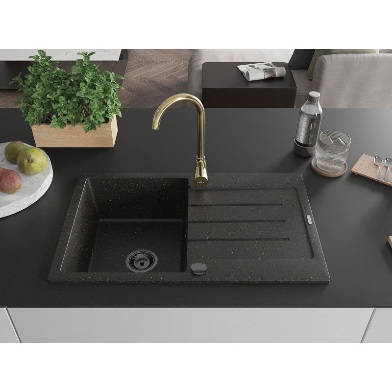Mexen Bruno 1-bowl granite kitchen sink with drainer and Telma kitchen tap, black/gold - 6513-75-670200-50-B