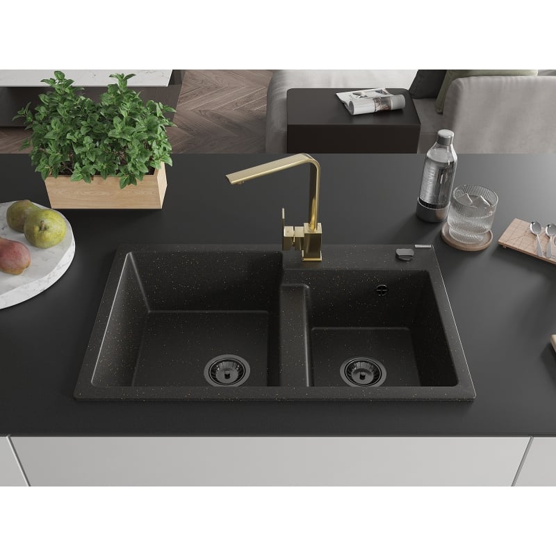 Mexen Tomas granite double-bowl sink with Rita kitchen faucet, black/gold metallic - 6516-75-670300-50-B