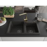 Mexen Tomas granite double-bowl sink with Rita kitchen faucet, black/gold metallic - 6516-75-670300-50-B