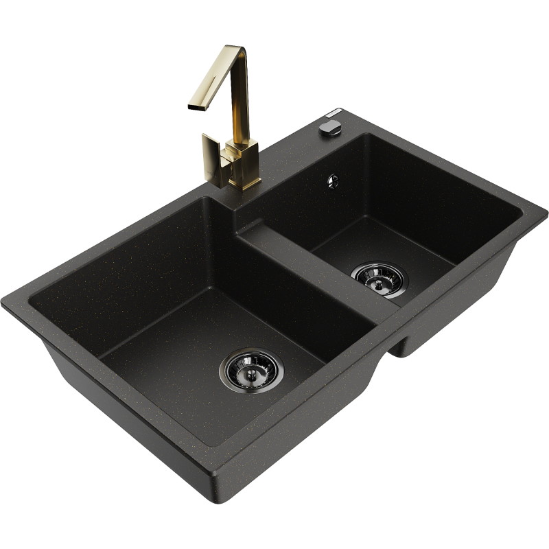 Mexen Tomas 2-bowl granite kitchen sink with Rita kitchen faucet, black/gold metallic - 6516-75-670300-50-B