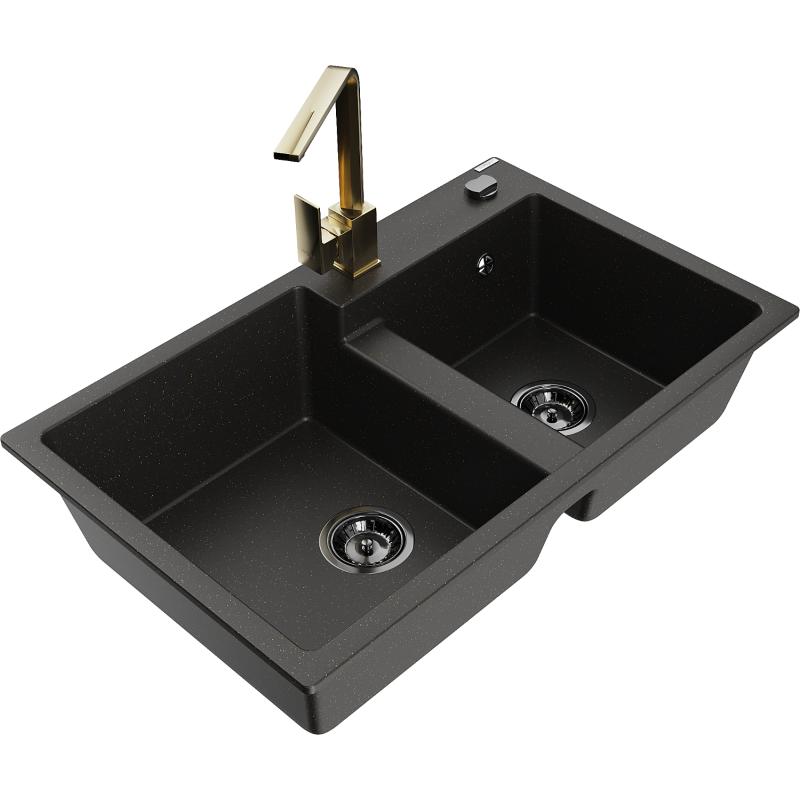 Mexen Tomas 2-compartment granite sink with a kitchen mixer tap Rita, Black/Gold metallic - 6516-75-670300-50-B
