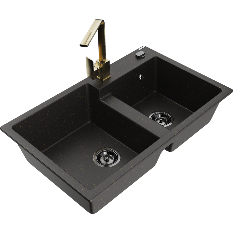 Mexen Tomas granite sink 2-chamber with Rita kitchen tap, black/gold metallic - 6516-75-670300-50-B