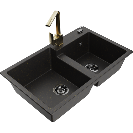 Mexen Tomas 2-bowl granite kitchen sink with Rita kitchen faucet, black/gold metallic - 6516-75-670300-50-B