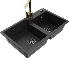 Mexen Tomas granite sink 2-chamber with Rita kitchen tap, black/gold metallic - 6516-75-670300-50-B