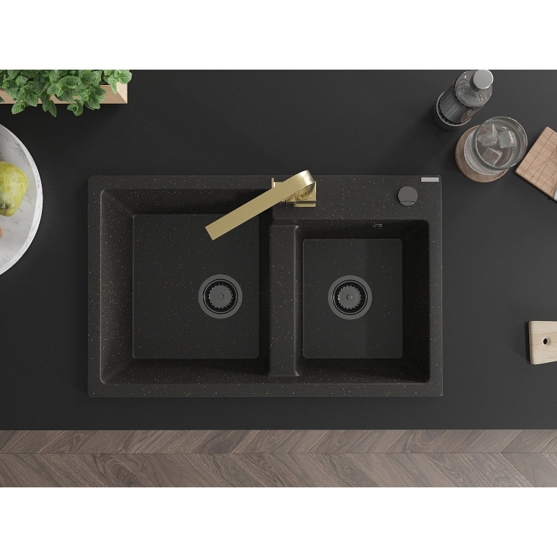Mexen Tomas 2-bowl granite kitchen sink with Rita kitchen faucet, black/gold metallic - 6516-75-670300-50-B