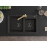 Mexen Tomas granite double-bowl sink with Rita kitchen faucet, black/gold metallic - 6516-75-670300-50-B
