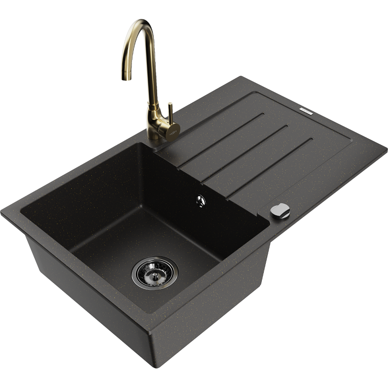 Mexen Bruno 1-compartment granite sink with a drip tray and kitchen mixer tap Telma, Black/Gold - 6513-75-670200-50-B