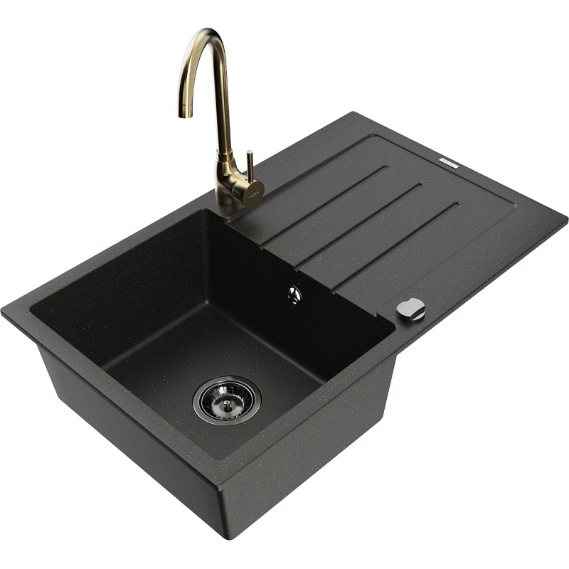 Mexen Bruno granite kitchen sink 1-bowl with drainer and Telma kitchen faucet, black/gold - 6513-75-670200-50-B