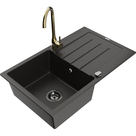Mexen Bruno 1-bowl granite kitchen sink with drainer and Telma kitchen tap, black/gold - 6513-75-670200-50-B