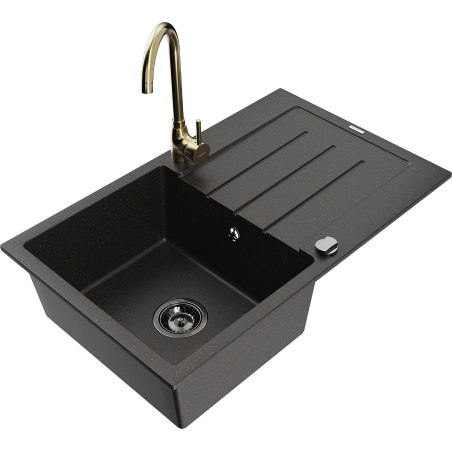 Mexen Bruno 1-compartment granite sink with a drip tray and kitchen mixer tap Telma, Black/Gold - 6513-75-670200-50-B