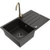 Mexen Bruno granite kitchen sink 1-bowl with drainer and kitchen faucet Telma, black/gold - 6513-75-670200-50-B