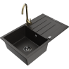 Mexen Bruno granite kitchen sink 1-bowl with drainer and Telma kitchen faucet, black/gold - 6513-75-670200-50-B