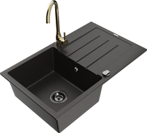 Mexen Bruno 1-bowl granite kitchen sink with drainer and Telma kitchen tap, black/gold - 6513-75-670200-50-B