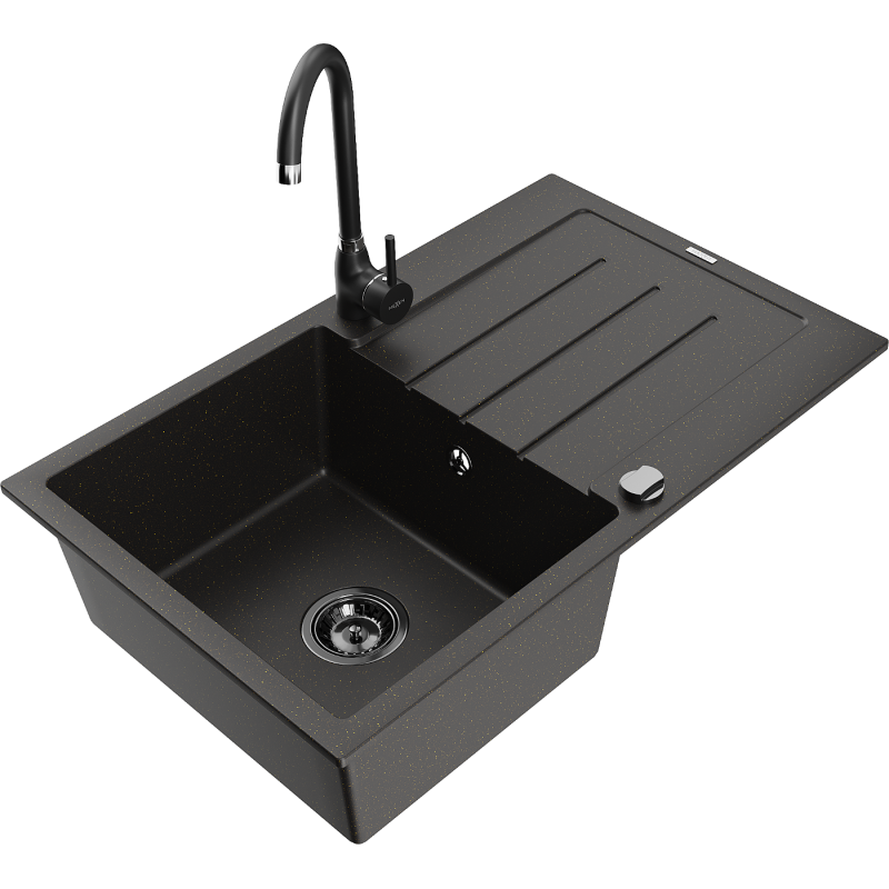 Mexen Bruno 1-compartment granite sink with a drip tray and kitchen mixer tap Telma, Black/Gold - 6513-75-670200-70-B