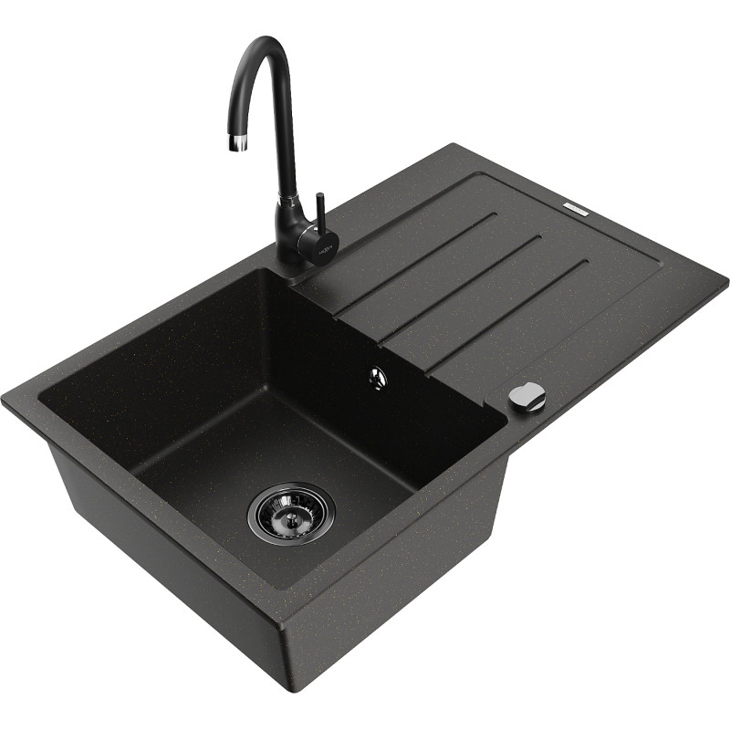 Mexen Bruno single-bowl granite sink with drainer and Telma kitchen faucet, black/gold - 6513-75-670200-70-B