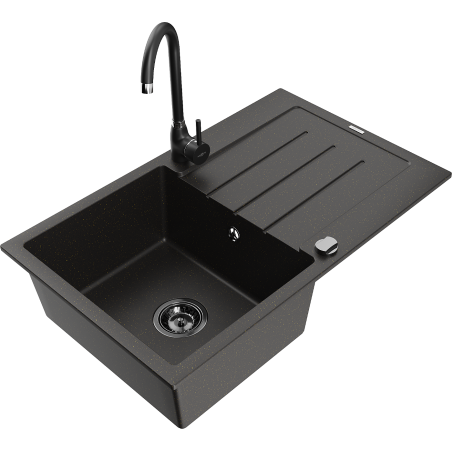 Mexen Bruno single-bowl granite sink with drainer and Telma kitchen faucet, black/gold - 6513-75-670200-70-B