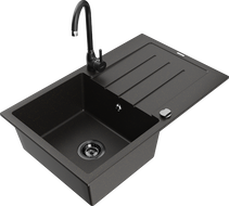 Mexen Bruno 1-Bowl Granite Sink with Drainer and Telma Kitchen Tap, Black/Gold - 6513-75-670200-70-B