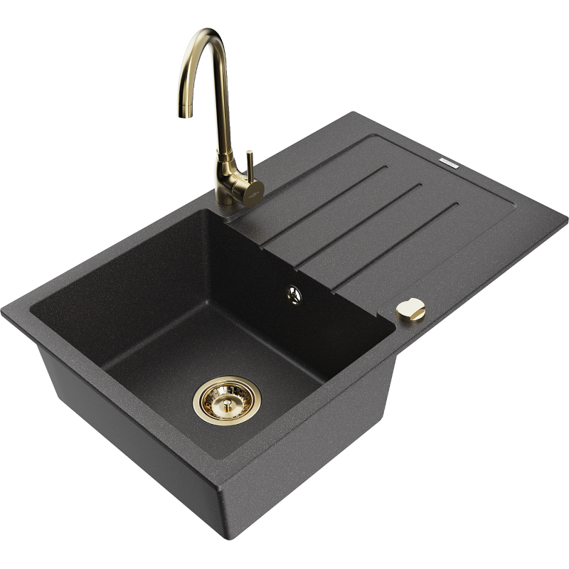 Mexen Bruno 1-bowl granite sink with drainer and Telma kitchen tap, speckled black - 6513-76-670200-50