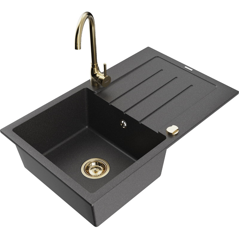 Mexen Bruno Telma 1-Bowl Granite Sink with Drainer and Kitchen Faucet, Black Speckled - 6513-76-670200-50