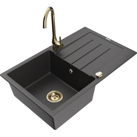 Mexen Bruno 1-bowl granite sink with drainer and Telma kitchen tap, speckled black - 6513-76-670200-50