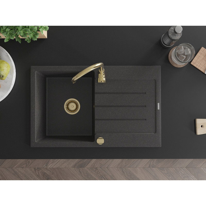 Mexen Bruno 1-bowl granite sink with drainer and Telma kitchen tap, speckled black - 6513-76-670200-50