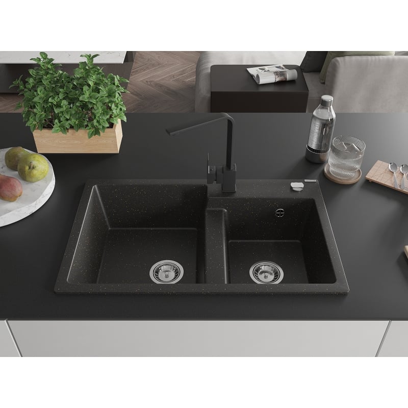Mexen Tomas 2-chamber granite sink with kitchen faucet Rita, black/gold metallic - 6516-75-670300-70