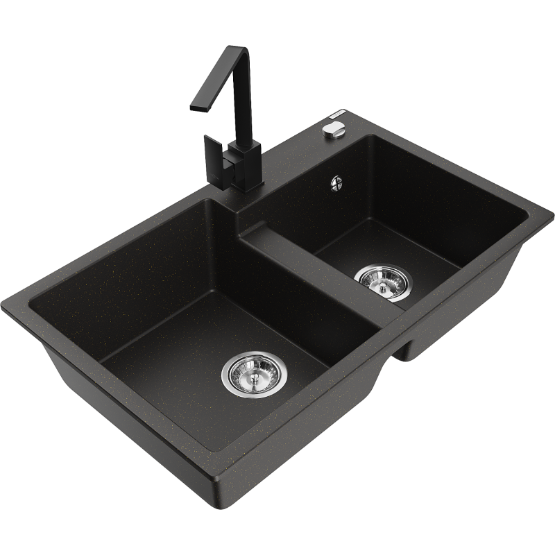 Mexen Tomas 2-bowl granite sink with Rita kitchen tap, black/golden metallic - 6516-75-670300-70