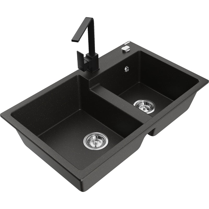Mexen Tomas 2-chamber granite sink with kitchen faucet Rita, black/gold metallic - 6516-75-670300-70